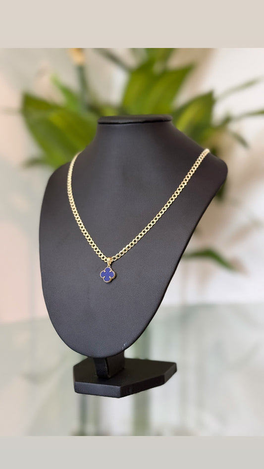 14K Gold Blue Clover w cubana Chain