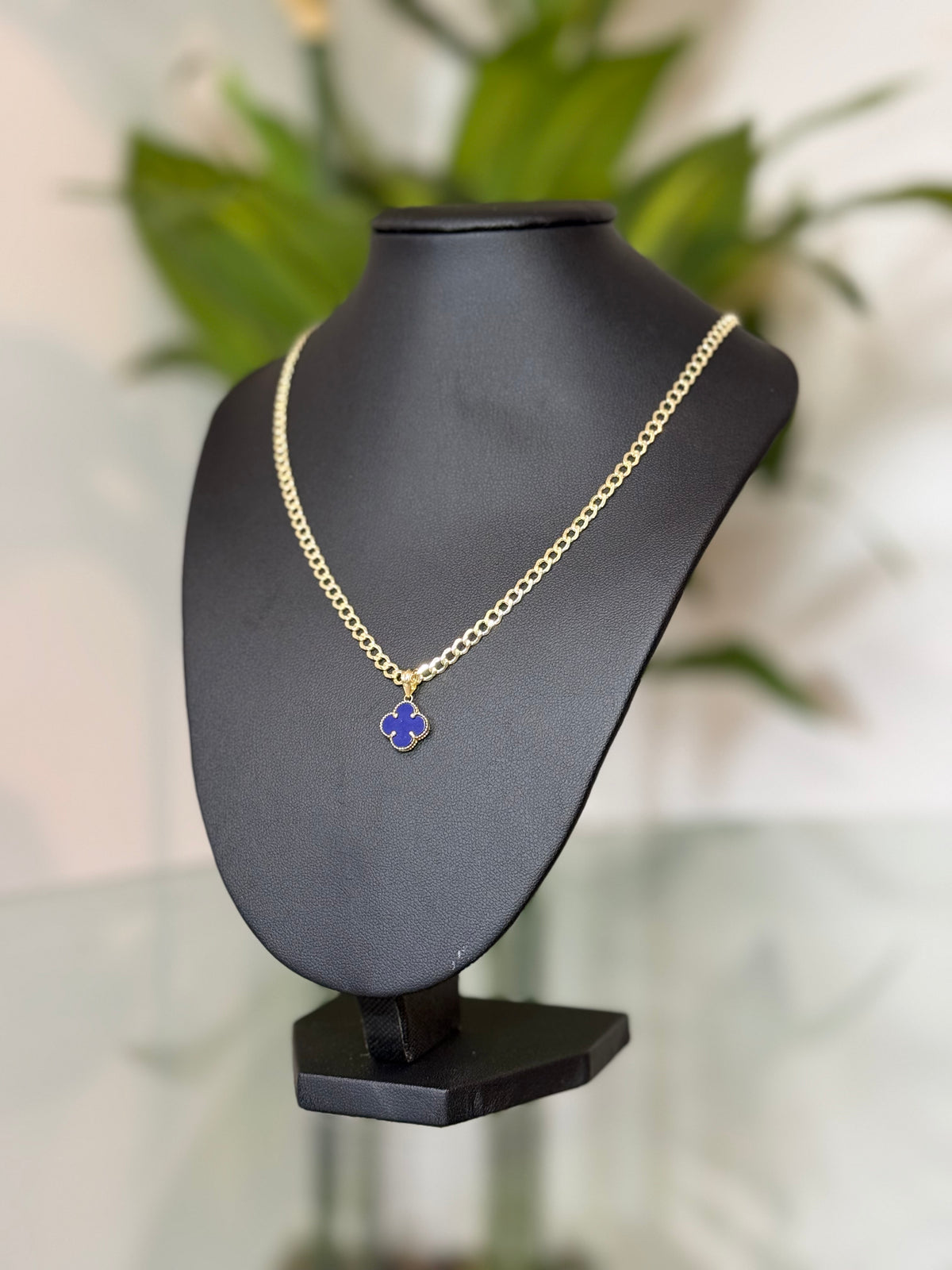14K Gold Blue Clover w cubana Chain